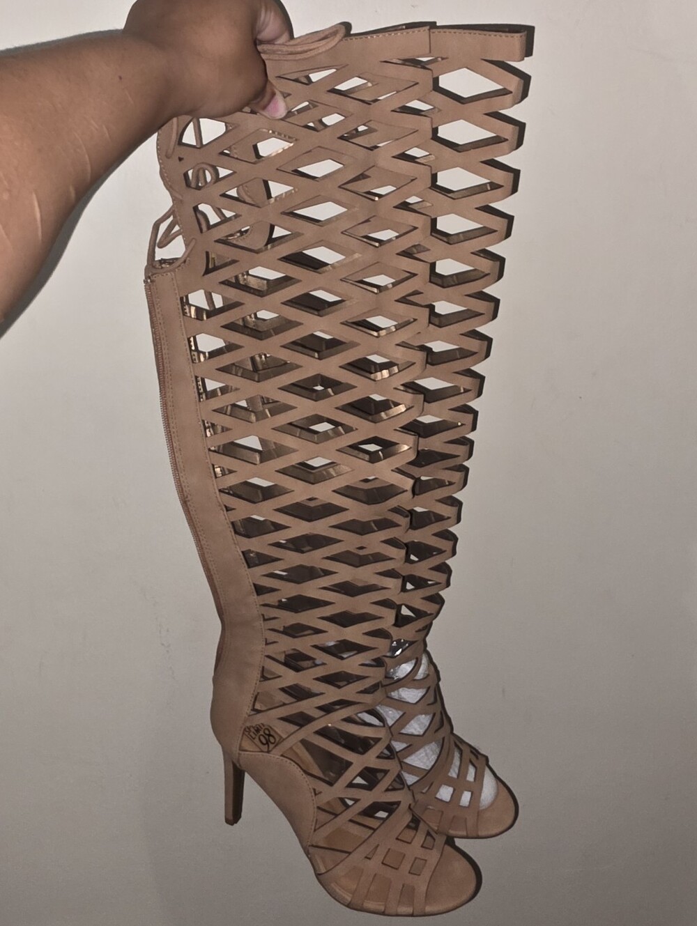 Speed Limit 98 Tan Lattice Knee-High Gladiator Heels